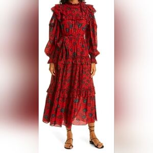 Ulla Johnson Red Floral Ruffle Maxi Dress